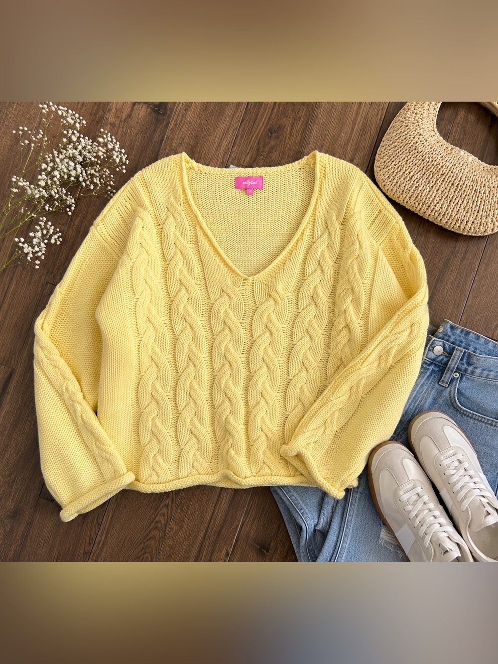 Edikted Yellow Cable Knit V-Neck Sweater Size Small Cottagecore